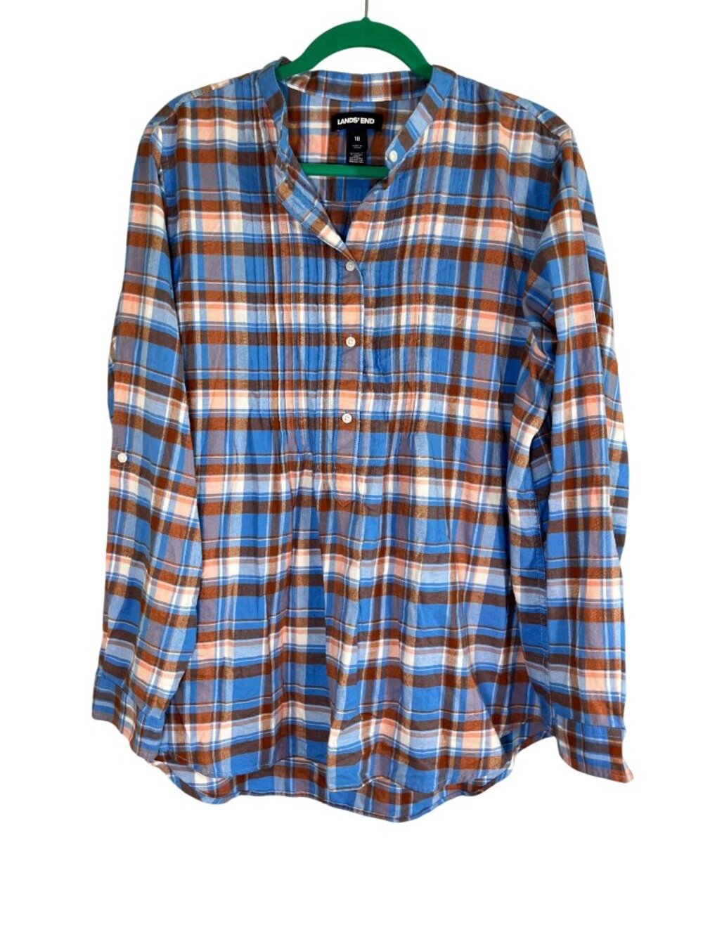 Lands End Flannel Plaid Shirt Blue 18 Festive Preppy Colorful Classic Chic Soft